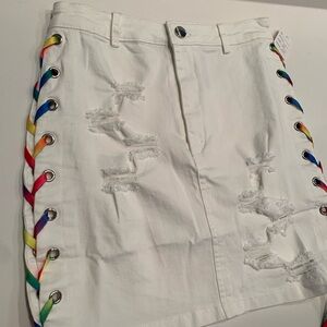 White Distressed Skirt with Rainbow ribbon Accents